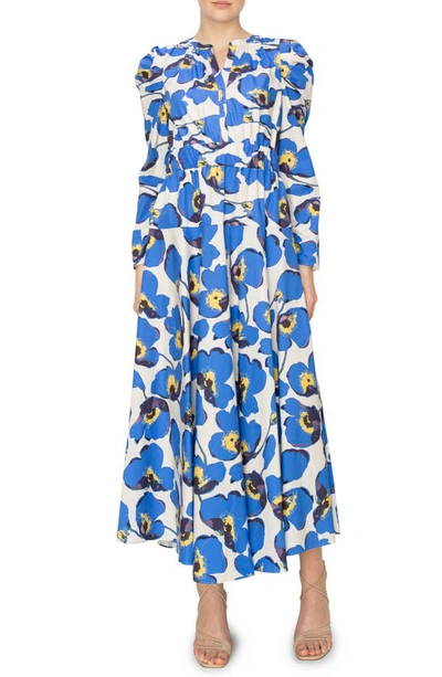 Shop Melloday Floral Print Belted Long Sleeve A-line Dress In Bone Blue