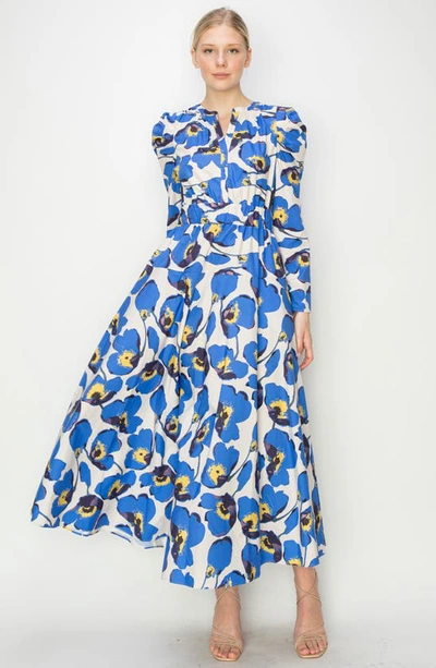 Shop Melloday Floral Print Belted Long Sleeve A-line Dress In Bone Blue