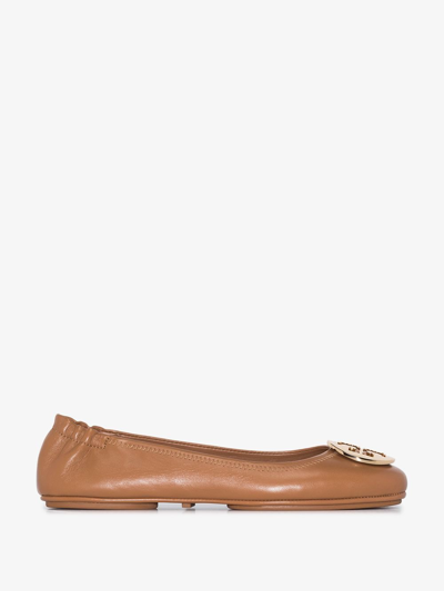 Shop Tory Burch Brown Minnie Travel Ballet Pumps - Women's - Leather/nappa Leather/rubber In Gold