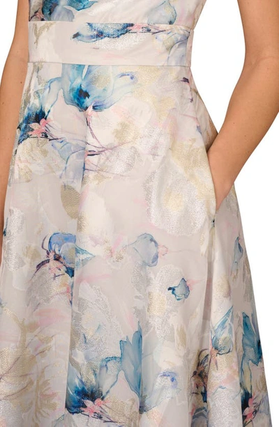 Shop Aidan Mattox By Adrianna Papell Metallic Floral Jacquard One-shoulder Gown In Blue Multi