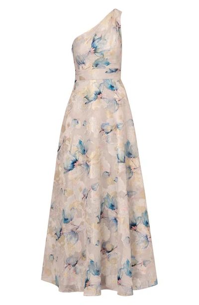 Shop Aidan Mattox By Adrianna Papell Metallic Floral Jacquard One-shoulder Gown In Blue Multi