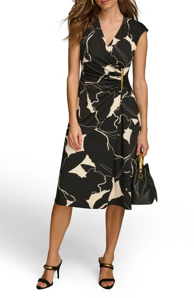 Shop Donna Karan Floral Wrap Front Midi Dress In Black/ Parchment