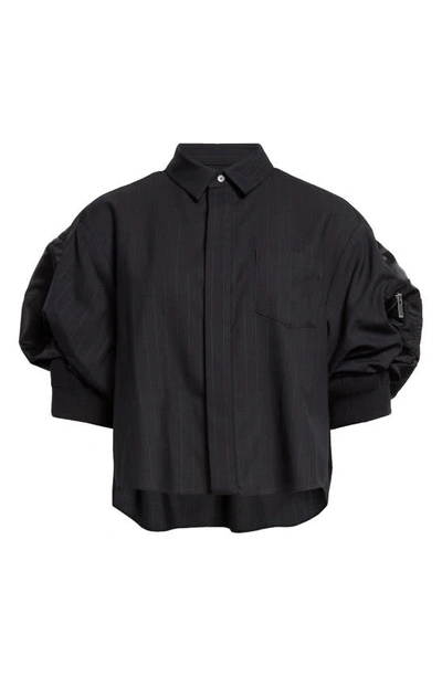 Shop Sacai Mixed Media Chalk Stripe Puff Sleeve Suiting & Nylon Shirt In Navy