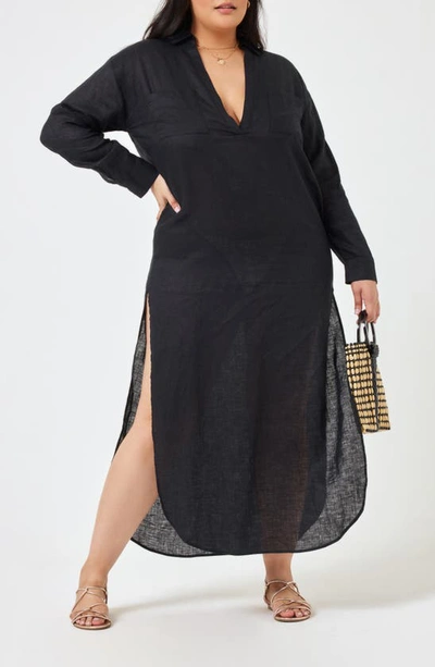 L*space Capistrano Long Sleeve Linen Cover-up Tunic Dress In Black