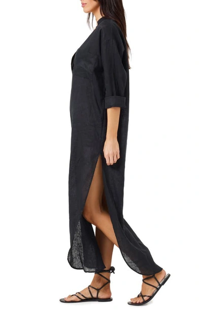 L*space Capistrano Long Sleeve Linen Cover-up Tunic Dress In Black