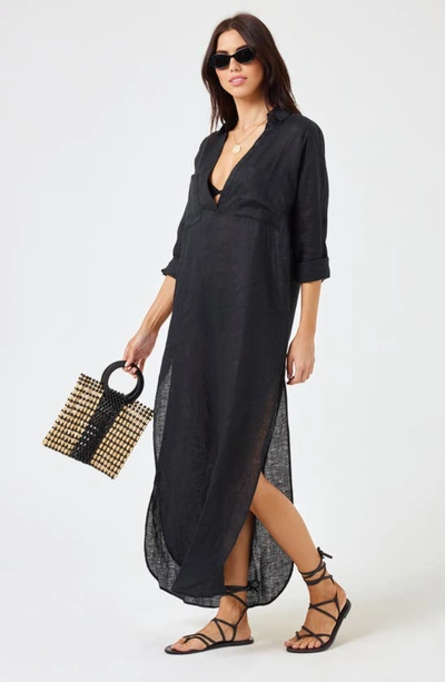 L*space Capistrano Long Sleeve Linen Cover-up Tunic Dress In Black