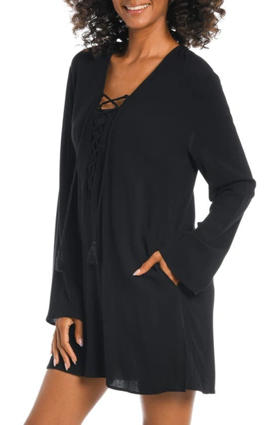 La Blanca Lace-up V-neck Tunic Coverup In Black