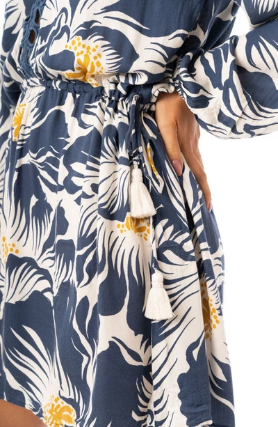 Shop Maaji Delft Flowers Sierra Long Sleeve Cover-up Tunic Dress In Blue