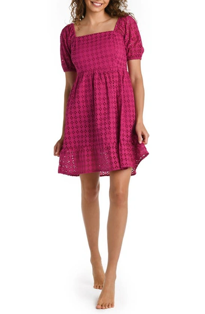 Shop La Blanca Puff Sleeve Cotton Eyelet Cover-up Dress In Magenta