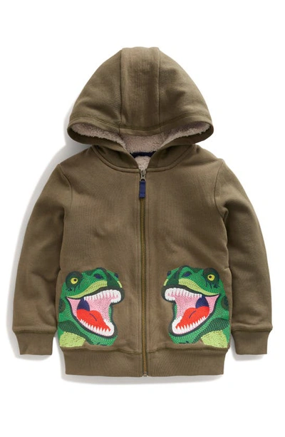 Shop Mini Boden Kids' Embroidered T-rex Fleece Lined Zip Hoodie In Classic Khaki Dinosaur