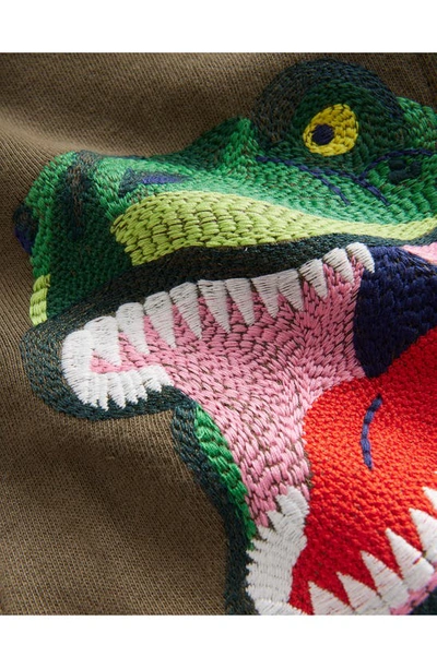 Shop Mini Boden Kids' Embroidered T-rex Fleece Lined Zip Hoodie In Classic Khaki Dinosaur