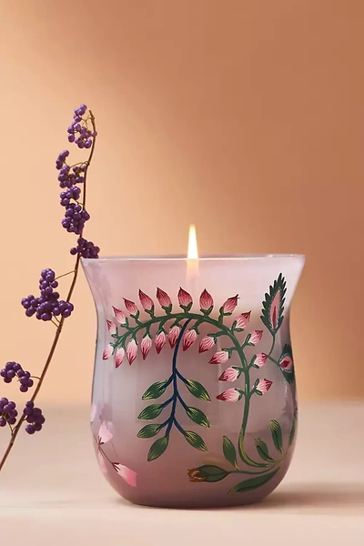 Shop Anthropologie Saraban Woody Violet Cypress Handpainted Glass Candle In Pink