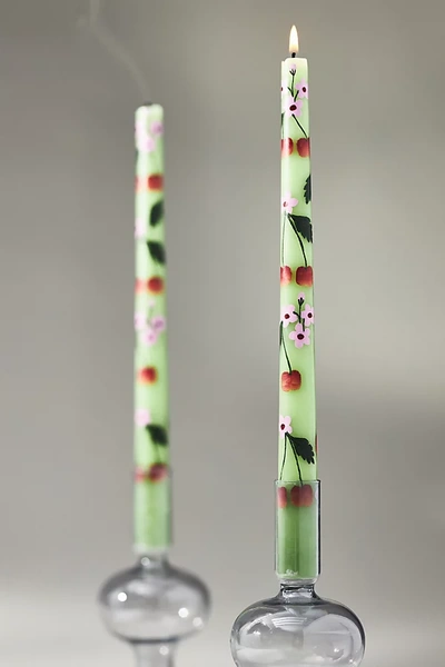 Shop Anthropologie Faye Handpainted Taper Candles, Set Of 2 In Green