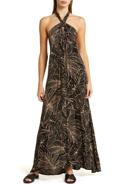 Shop Elan Halter Neck Cover-up Maxi Dress In Black/ Natural Tropics