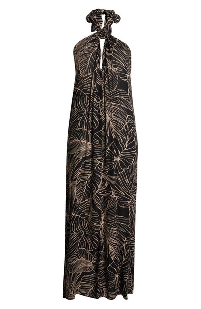 Shop Elan Halter Neck Cover-up Maxi Dress In Black/ Natural Tropics