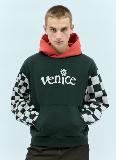 Shop Erl Venice Checker-sleeve Hooded Sweatshirt In Black