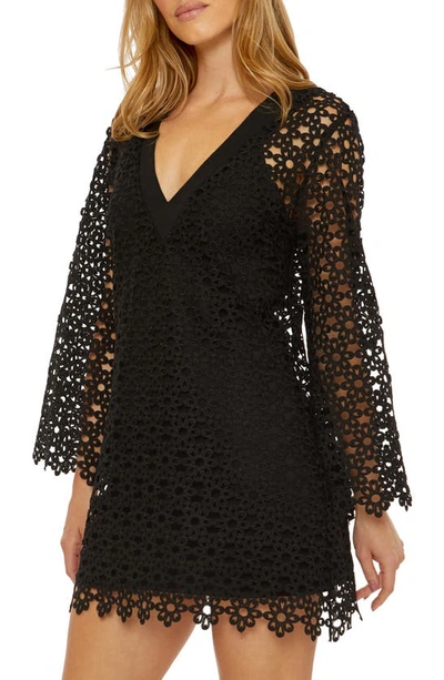 Shop Trina Turk Chateau Long Sleeve Lace Cover-up Dress In Black