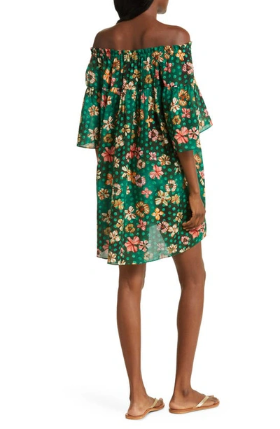 Shop Ulla Johnson Gallia Floral Off The Shoulder Cover-up Dress In Veridian
