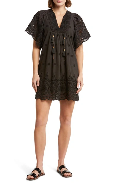 Shop Alicia Bell Broderie Anglaise Flutter Sleeve Cotton Cover-up Dress In Black Eyelet