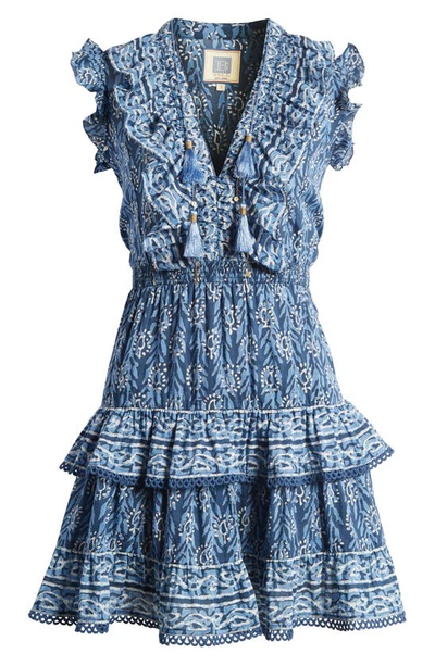 Shop Alicia Bell Rainey Mixed Floral Ruffle Tiered Cotton & Silk Cover-up Dress In Indigo Print