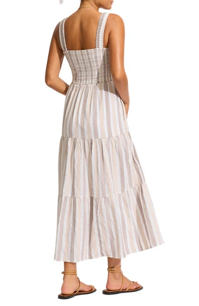 Shop Seafolly Beach Edit Embroidered Tiered Smocked Cotton Cover-up Maxi Dress In Natural