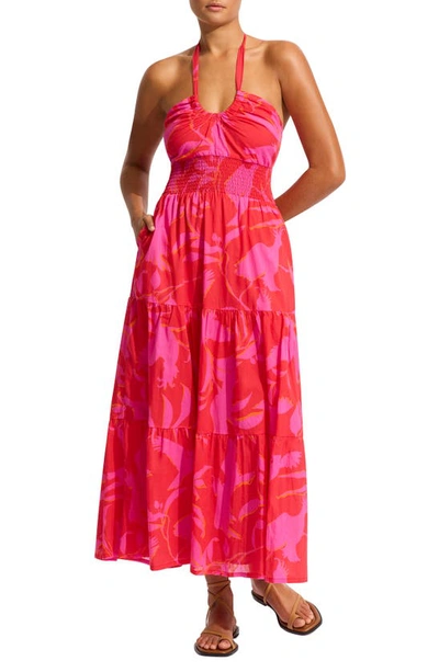 Shop Seafolly Birds Of Paradise Halter Tiered Cotton Cover-up Maxi Dress In Chilli Red