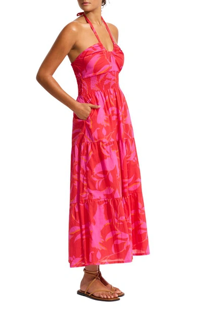 Shop Seafolly Birds Of Paradise Halter Tiered Cotton Cover-up Maxi Dress In Chilli Red