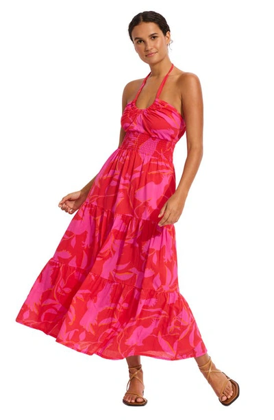 Shop Seafolly Birds Of Paradise Halter Tiered Cotton Cover-up Maxi Dress In Chilli Red