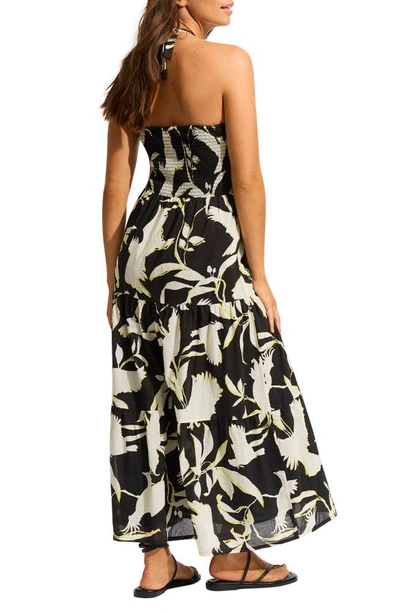 Shop Seafolly Birds Of Paradise Halter Tiered Cotton Cover-up Maxi Dress In Black
