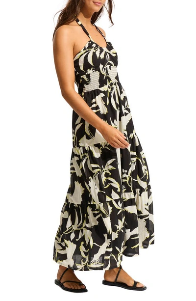 Shop Seafolly Birds Of Paradise Halter Tiered Cotton Cover-up Maxi Dress In Black