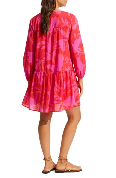 Shop Seafolly Birds Of Paradise Tiered Long Sleeve Cotton Cover-up Dress In Chilli Red