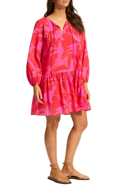 Shop Seafolly Birds Of Paradise Tiered Long Sleeve Cotton Cover-up Dress In Chilli Red