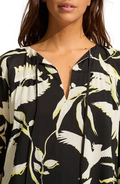 Shop Seafolly Birds Of Paradise Tiered Long Sleeve Cotton Cover-up Dress In Black