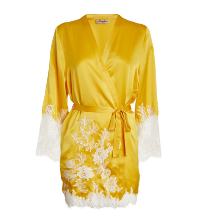 Shop Marjolaine Silk Lace-trim Robe In Yellow
