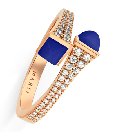 Shop Marli New York Rose Gold, Diamond And Lapis Lazuli Cleo Ring