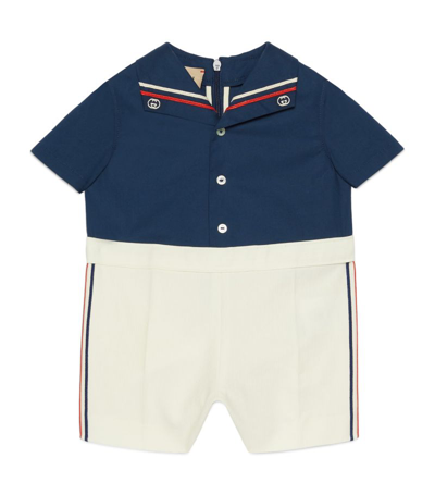 Shop Gucci Kids Cotton Embroidered Playsuit (3-24 Months) In Blue
