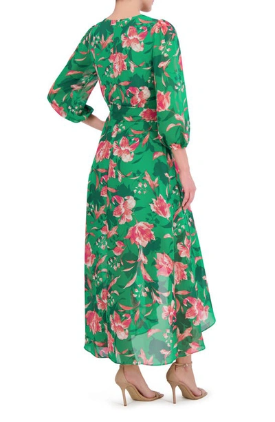 Shop Eliza J Floral Balloon Sleeve Faux Wrap Midi Dress In Green