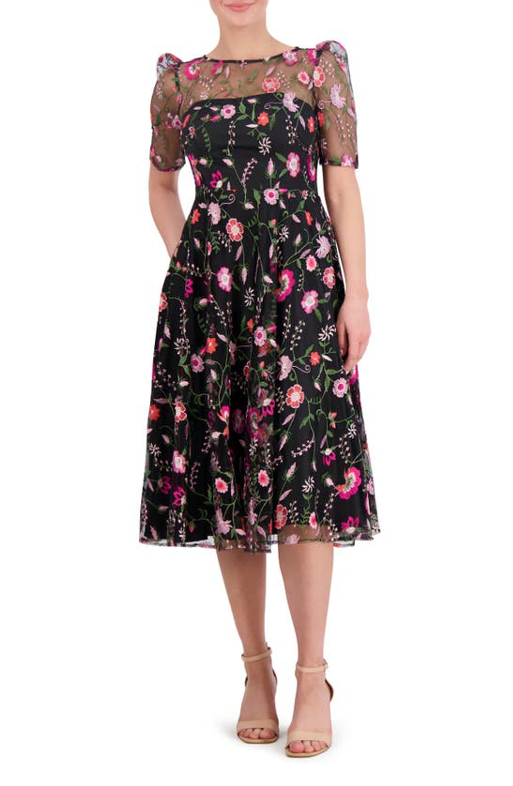 Eliza J Embroidered Illusion Neck Cocktail Midi Dress In Black Multi |  ModeSens