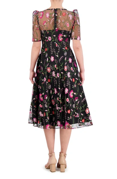 Eliza J Embroidered Illusion Neck Cocktail Midi Dress In Black Magenta