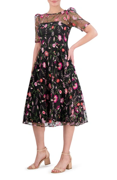 Eliza J Embroidered Illusion Neck Cocktail Midi Dress In Black Magenta