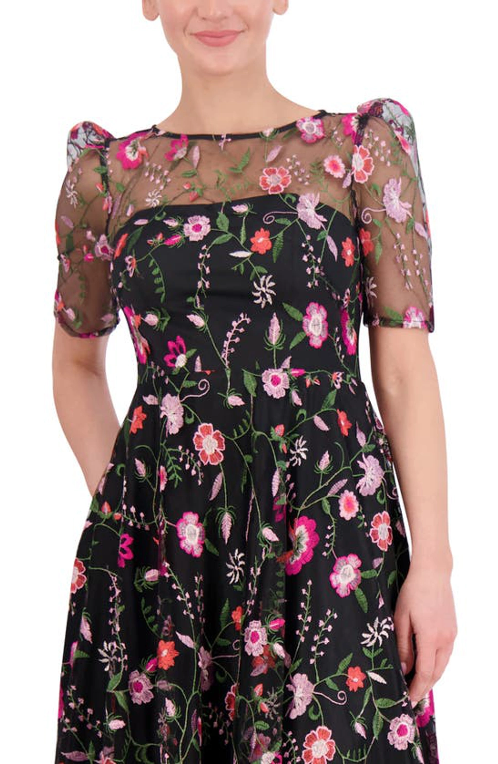 Eliza J Embroidered Illusion Neck Cocktail Midi Dress In Black Multi |  ModeSens