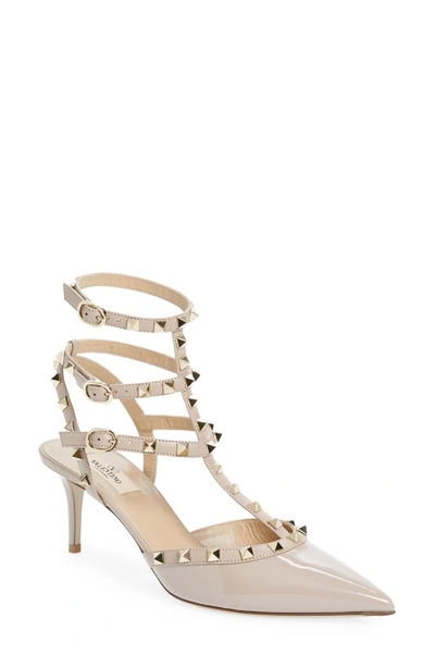 Valentino Rockstud Caged 65 Leather Ankle Strap Pump In P45 Poudre/poudre