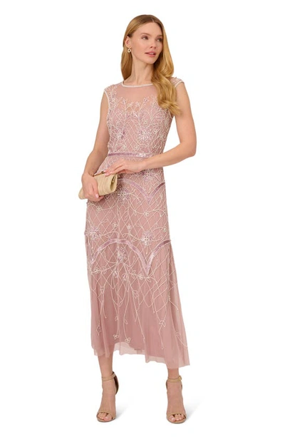 Shop Adrianna Papell Beaded Cocktail Midi Dress In Dusted Petal/ Ivory