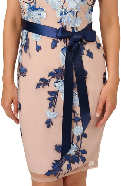 Shop Adrianna Papell Embroidered Floral Tie Waist Sheath Dress In Midnight Multi/ Nude
