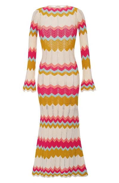 Shop Capittana Piper Long Sleeve Herringbone Pointelle Cover-up Sweater Dress In Pink Multi