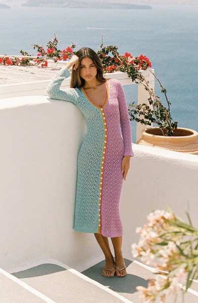 Shop Capittana Alexandra Long Sleeve Colorblock Cover-up Maxi Sweater Dress In Purple/ Teal Multi