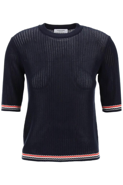 Shop Thom Browne Pointelle-knit T-shirt In Blue