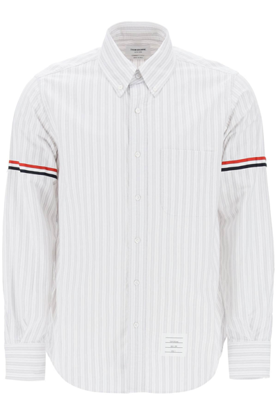 Shop Thom Browne Striped Oxford Shirt In White,grey