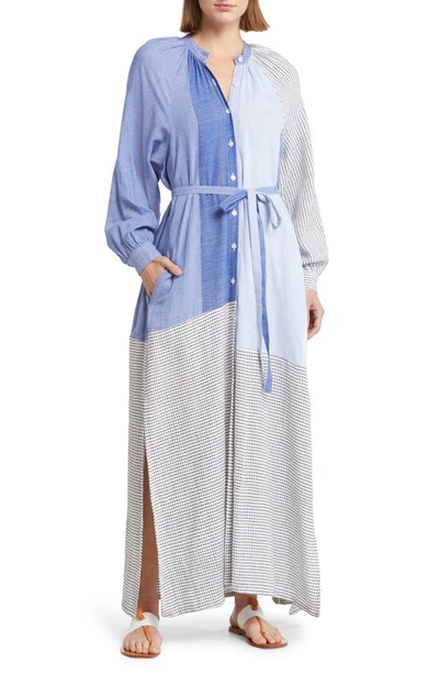 Shop Lemlem Makeda Long Sleeve Tie Belt Cotton Blend Cover-up Dress In Sisay Blue