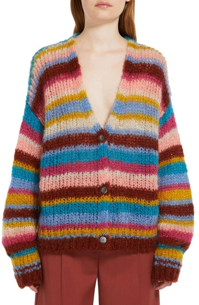 Shop Max Mara Gerarda Stripe Mohair & Wool Blend V-neck Cardigan In Pink Blue Multi